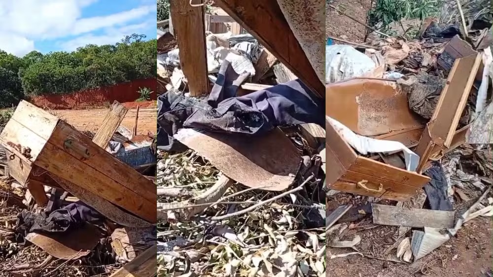 Área onde caixões foram descartados em montagem de três fotos