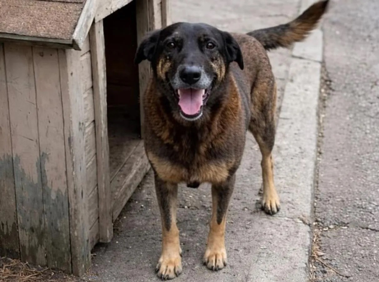 cachorro Orelha com a língua para fora, perto de casinha de madeira