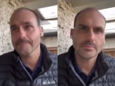 O deputado federal cassado Eduardo Bolsonaro (PL-SP) chorando em montagem de duas fotos