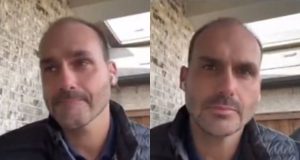 O deputado federal cassado Eduardo Bolsonaro (PL-SP) chorando em montagem de duas fotos