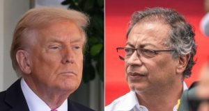O presidente dos Estados Unidos, Donald Trump, e o presidente da Colômbia, Gustavo Petro, em montagem de duas fotos sérios