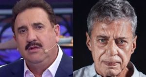 O apresentador Ratinho e o cantor Chico Buarque em montagem de duas fotos, ambos sérios