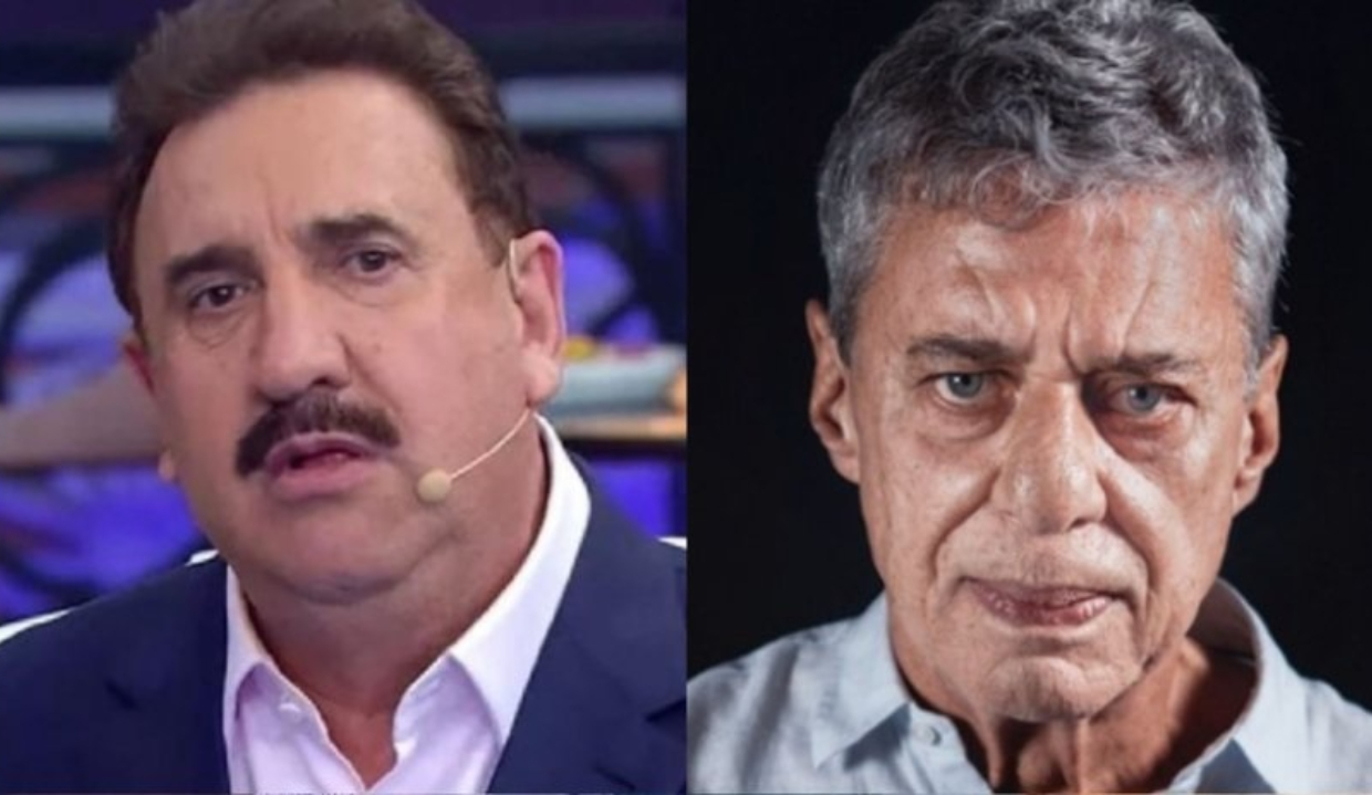 O apresentador Ratinho e o cantor Chico Buarque em montagem de duas fotos, ambos sérios