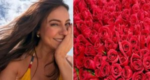 Montagem de fotos de Paolla Oliveira e rosas vermelhas