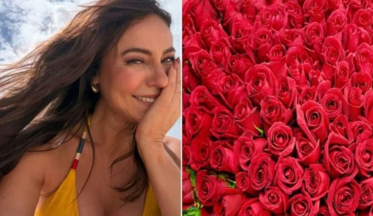 Montagem de fotos de Paolla Oliveira e rosas vermelhas