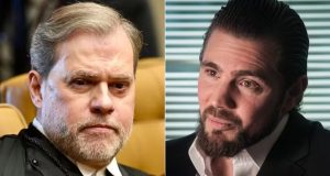 Dias Toffoli e Daniel Vorcaro sérios em montagem de duas fotos