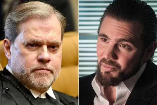 Dias Toffoli e Daniel Vorcaro sérios em montagem de duas fotos