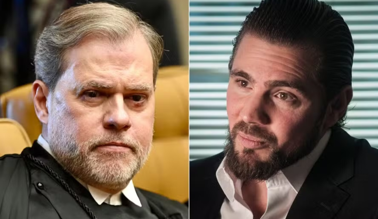 Dias Toffoli e Daniel Vorcaro sérios em montagem de duas fotos