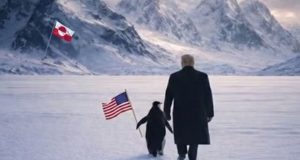 Montagem de Trump caminhando com Pinguim