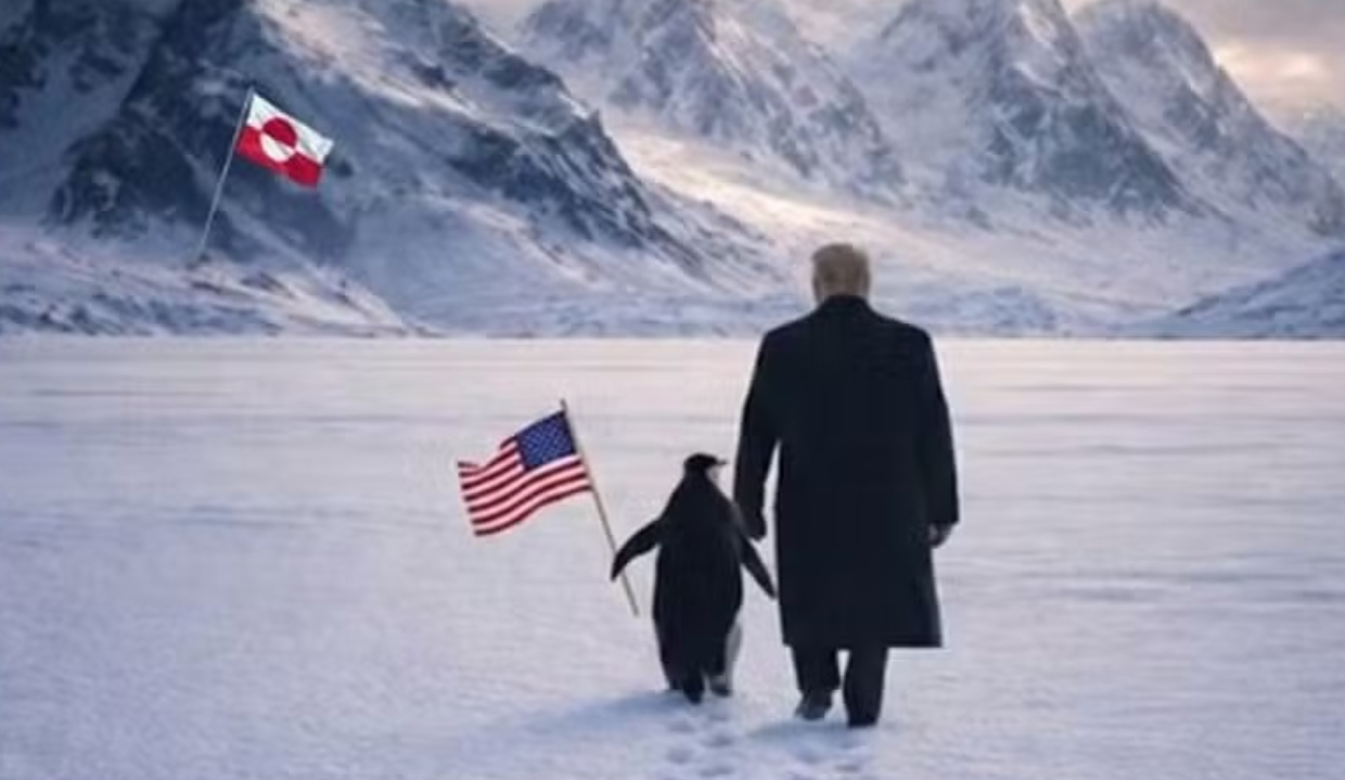 Montagem de Trump caminhando com Pinguim