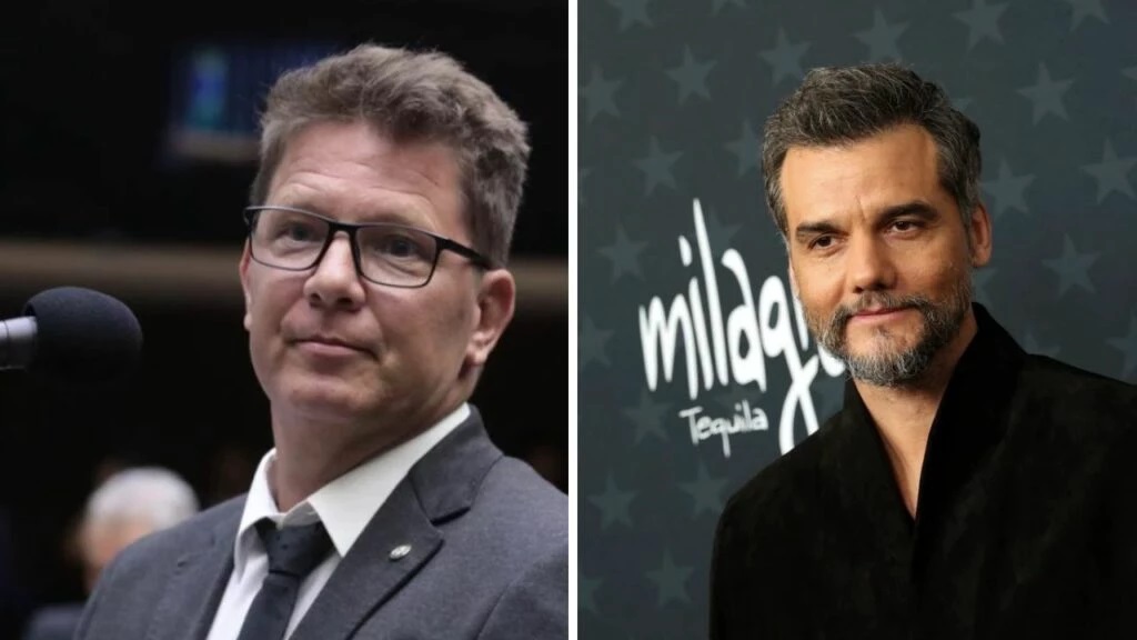 O deputado federal Mario Frias (PL-SP) e o ator Wagner Moura em montagem de duas fotos