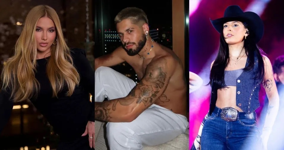 Montagem de fotos de Virginia Fonseca, Zé Felipe e Ana Castela, todos sérios