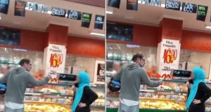Momento em que muçulmana foi atacada em supermercado em montagem de duas fotos