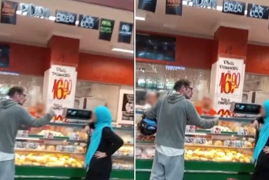 Momento em que muçulmana foi atacada em supermercado em montagem de duas fotos