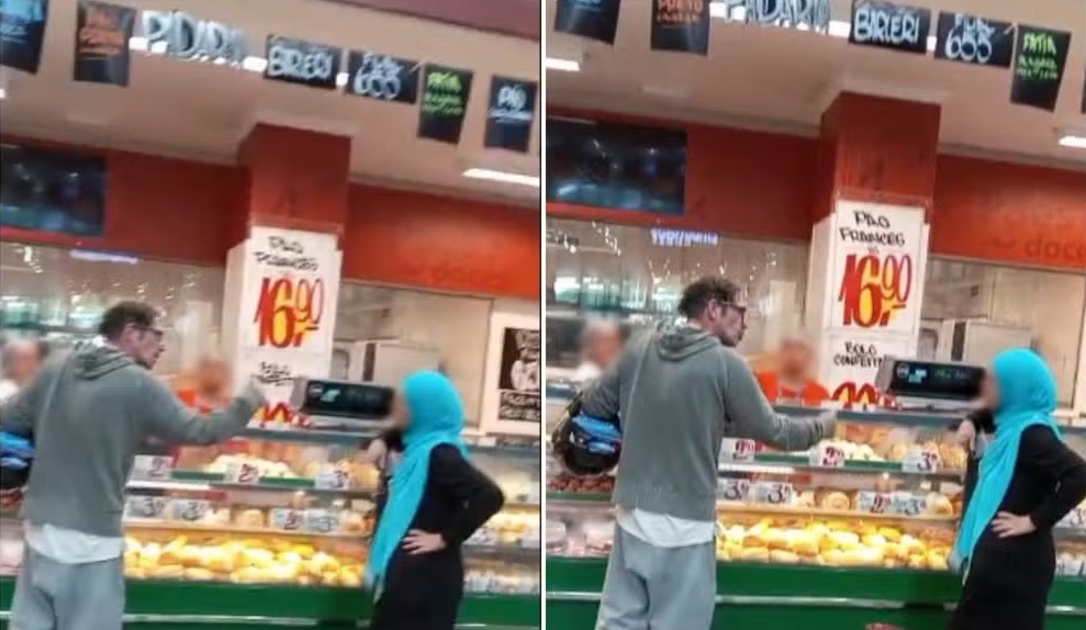 Momento em que muçulmana foi atacada em supermercado em montagem de duas fotos