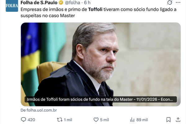 STF no alvo: depois de Moraes com o Master, Folha tenta ligar Toffoli a um caso que não o investiga