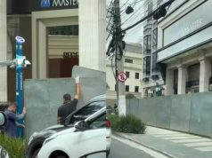 Tapumes na sede do Banco Master em montagem de duas fotos