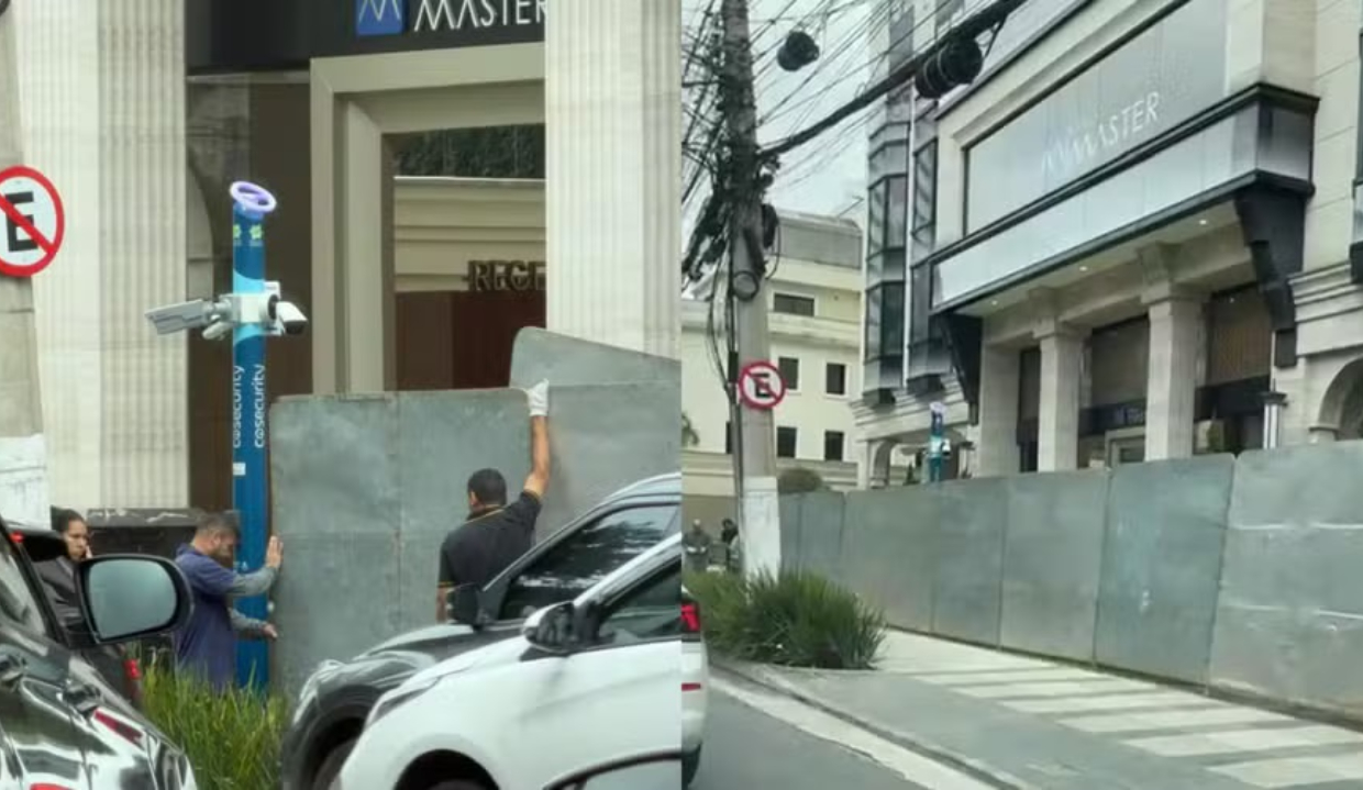 Tapumes na sede do Banco Master em montagem de duas fotos