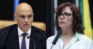 O ministro Alexandre de Moraes, do STF, e a ex-deputada Carla Zambelli (PL-SP) em montagem de duas fotos, ambos sérios