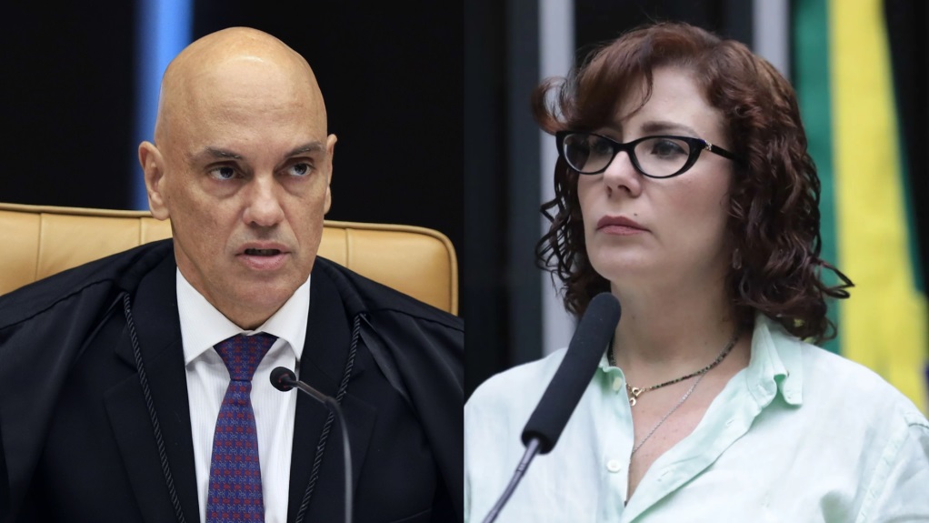 O ministro Alexandre de Moraes, do STF, e a ex-deputada Carla Zambelli (PL-SP) em montagem de duas fotos, ambos sérios
