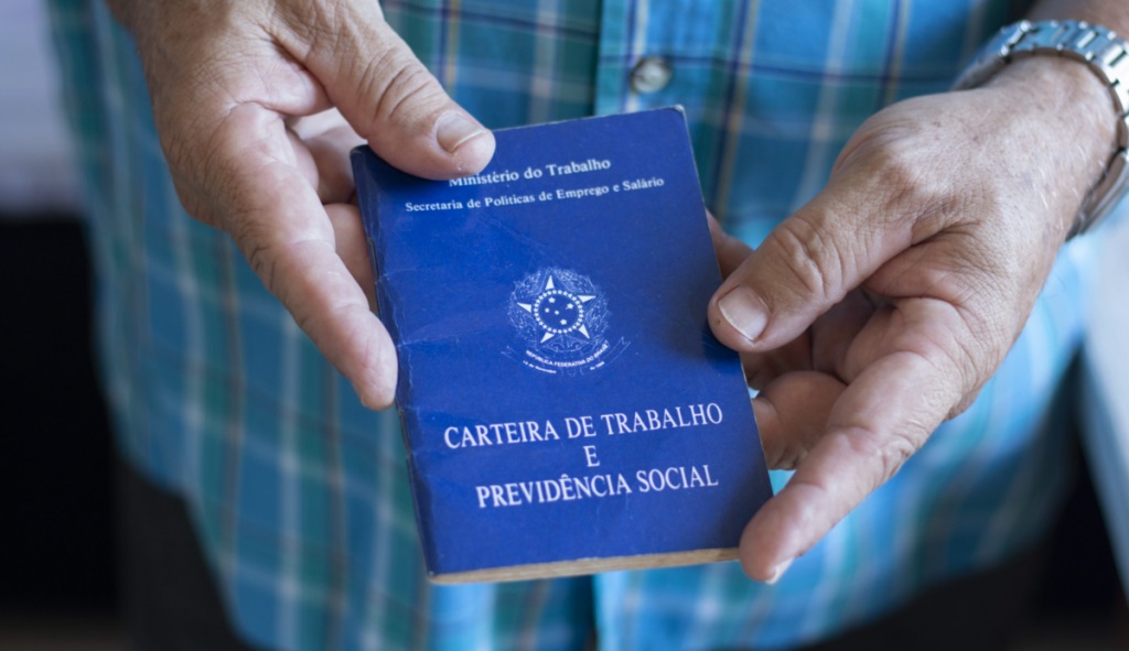 Mãos masculinas segurando carteira de trabalho