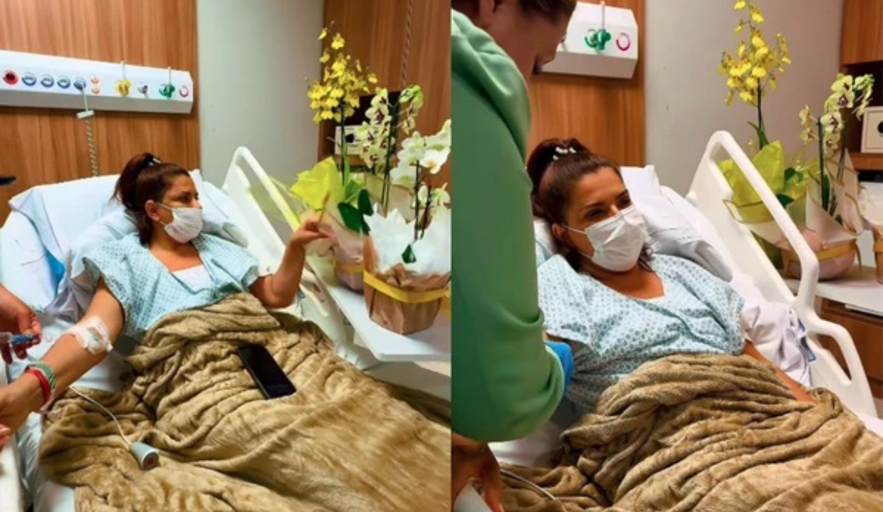 Montagem de duas fotos de Mara Maravilha no hospital