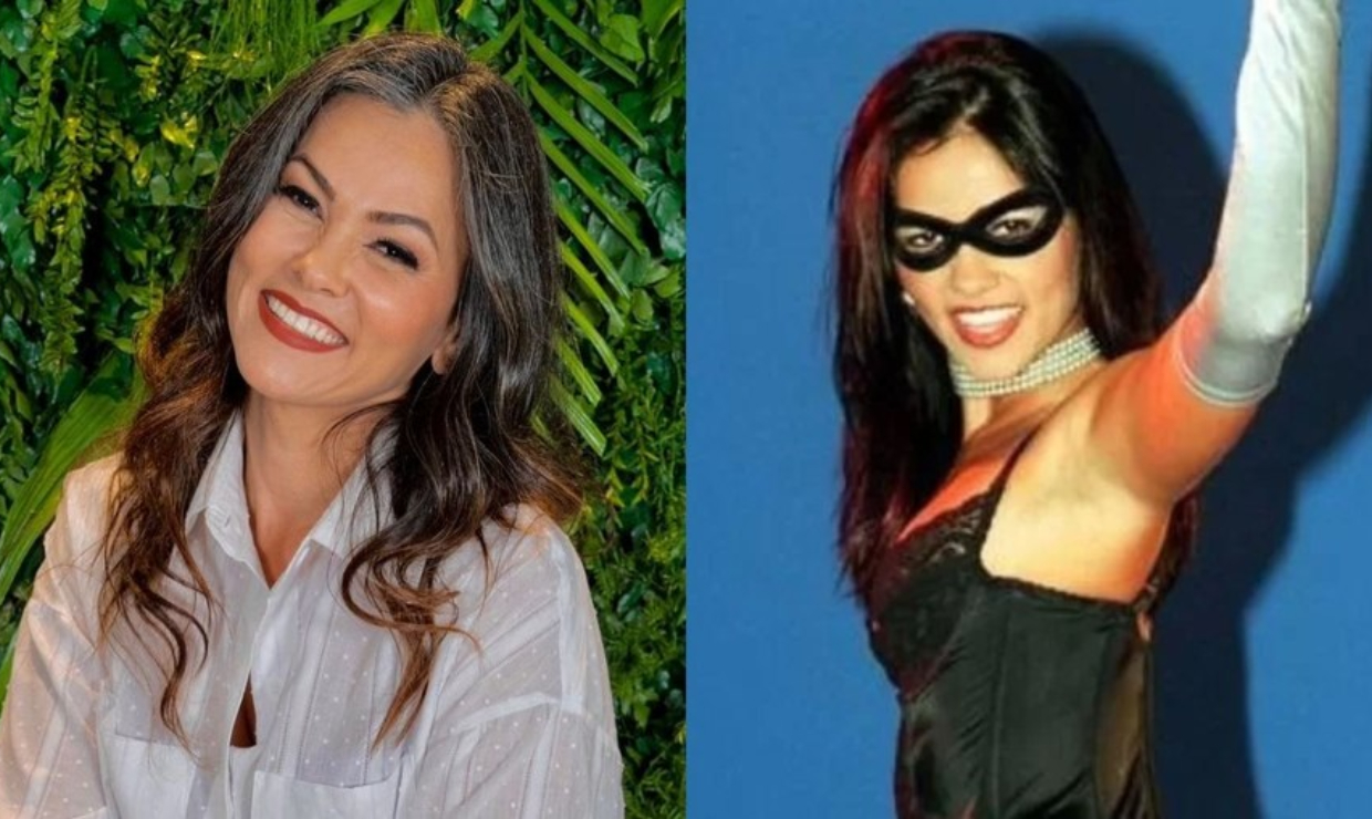 Suzana Alves em foto recente e como Tiazinha