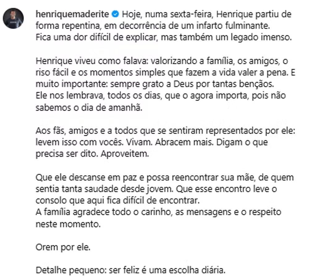 Print de post feito pela família de Henrique Maderite