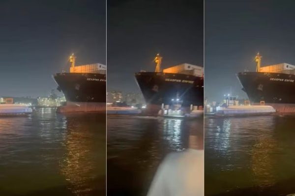 VÍDEO: Colisão no Porto de Santos faz tripulação de navio saltar no mar