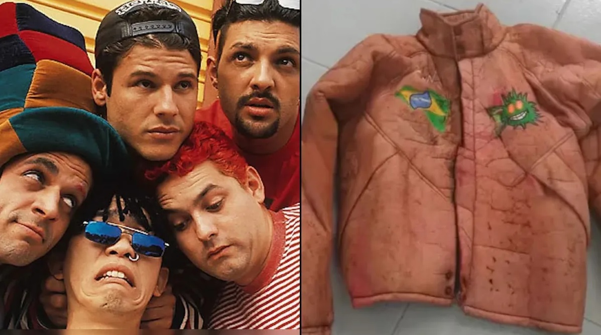 Montagem de duas fotos dos Mamonas Assassinas e de jaqueta