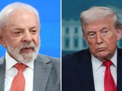 Montagem de duas fotos de Lula e Donald Trump, ambos sérios