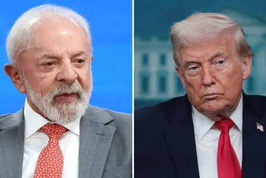 Montagem de duas fotos de Lula e Donald Trump, ambos sérios