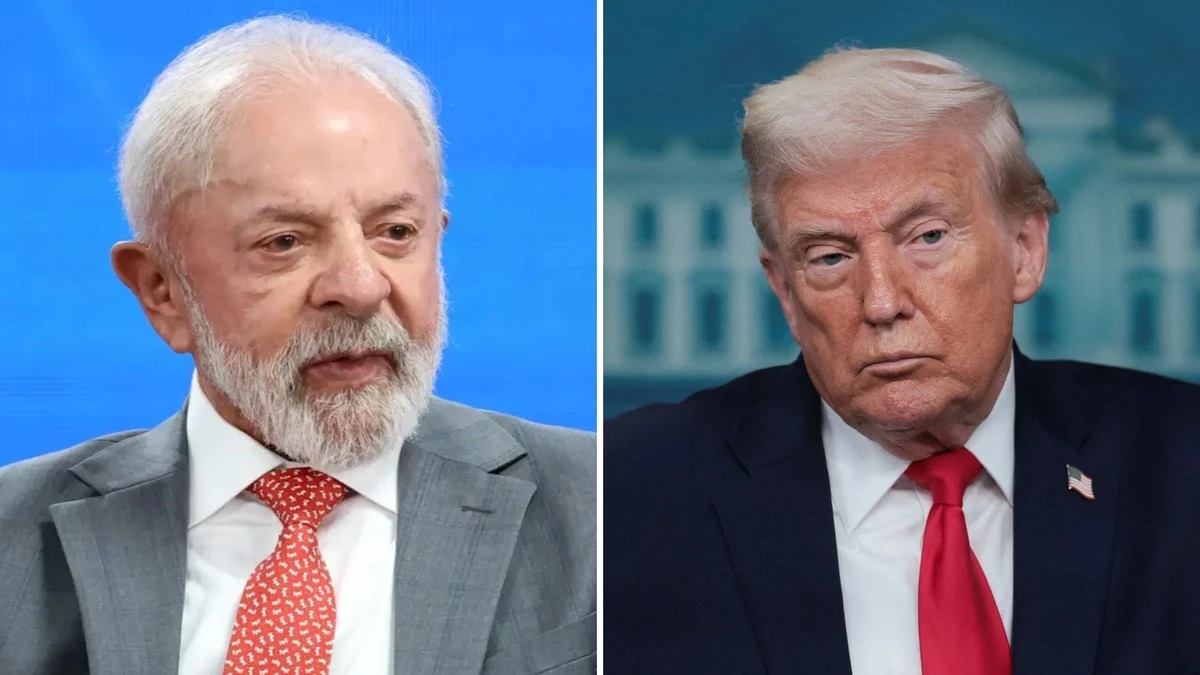 Montagem de duas fotos de Lula e Donald Trump, ambos sérios