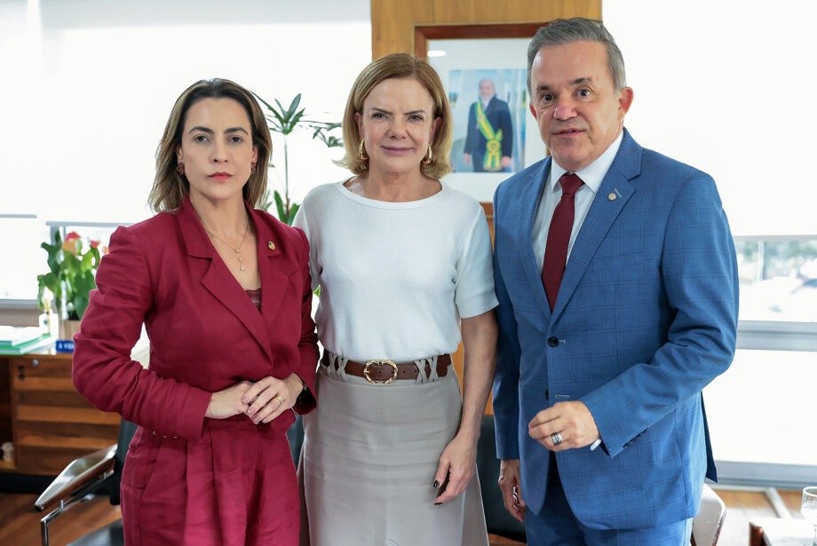 A senadora Soraya Thronicke, a ministra Gleisi Hoffmann e o deputado federal Vander Loubet olhando para a câmera, em pé, lado a lado, sérios