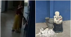 Montagem de duas fotos de turista e estátua de Padre Cícero