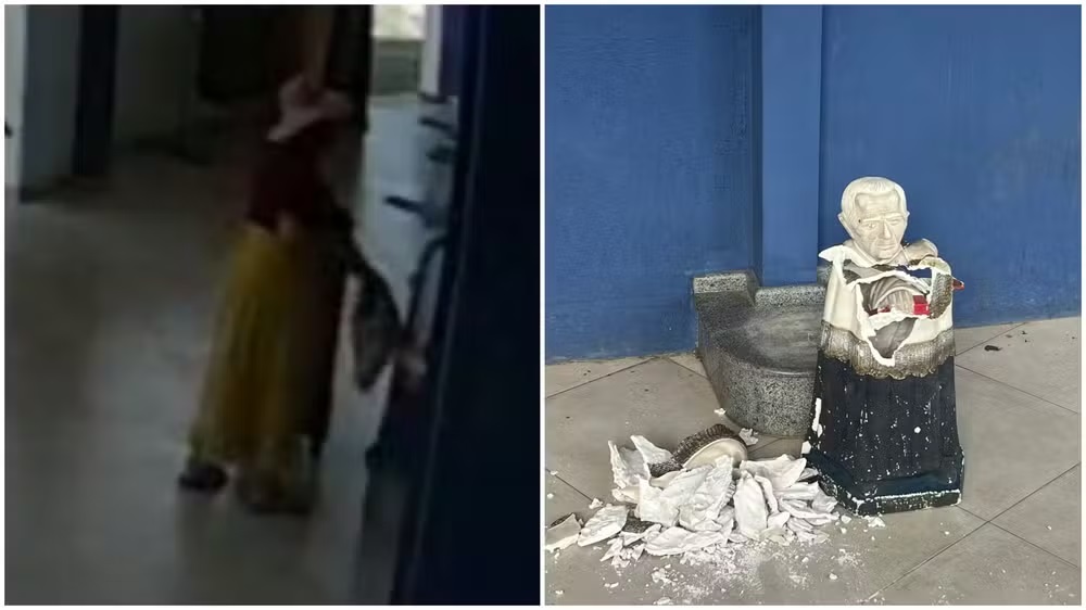 Montagem de duas fotos de turista e estátua de Padre Cícero