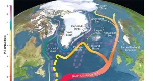 Imagem mostra a corrente do atlântico norte, que passa pela Groênlandia, Islândia, e o norte da Europa e América do Norte.
