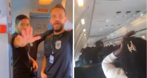 Avião com 118 imigrantes do Haiti que ficou retido em Viracopos em montagem de duas fotos