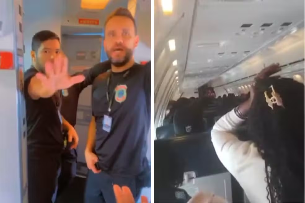 Avião com 118 imigrantes do Haiti que ficou retido em Viracopos em montagem de duas fotos