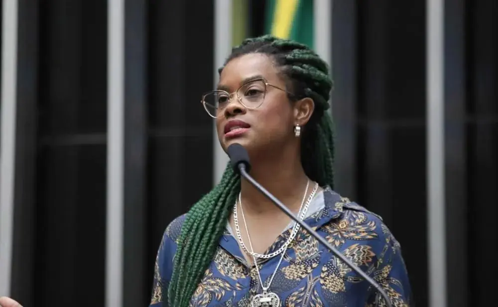 A deputada federal Carol Dartora (PT-PR) falando em microfone, séria