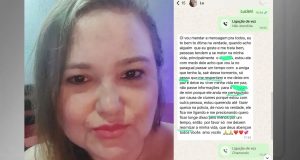 Luciani Aparecida Estivalet Freitas em selfie e print de mensagem