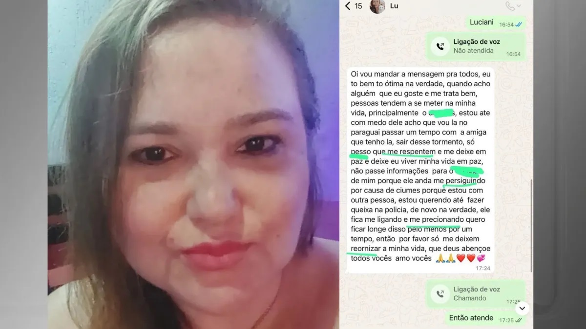 Luciani Aparecida Estivalet Freitas em selfie e print de mensagem