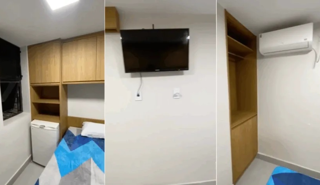 Montagem de três fotos de cela da Superintendência da Polícia Federal no Distrito Federal