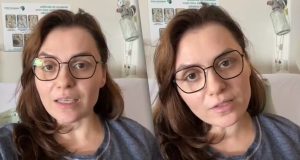 Montagem de duas fotos de Monica Iozzi falando para a câmera