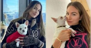 modelo Pamela Genini em montagem de duas fotos