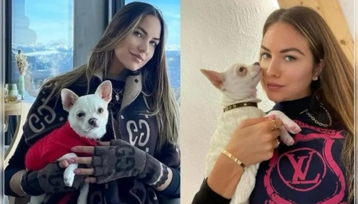 modelo Pamela Genini em montagem de duas fotos