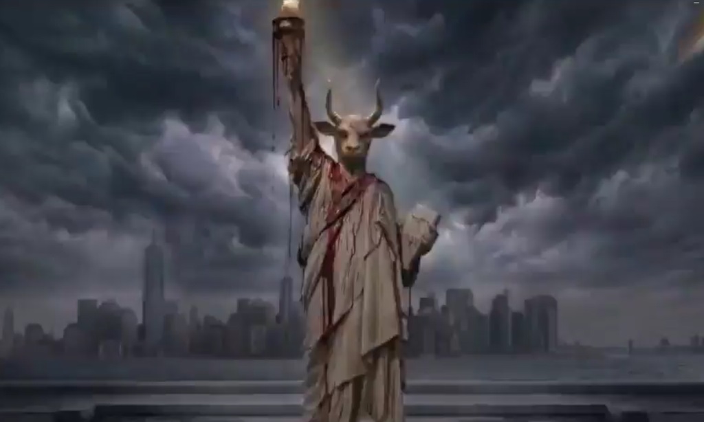 Estátua da Liberdade com cabeça de demônio