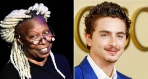 Whoopi Goldberg e Timothée Chalamet em montagem de duas fotos