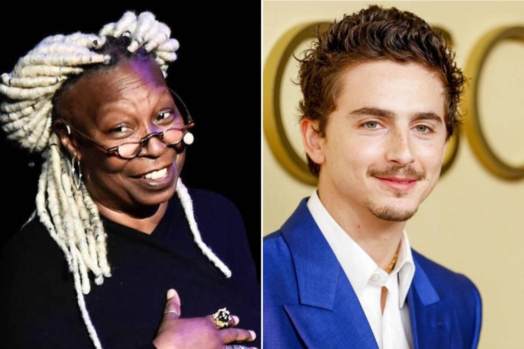 Whoopi Goldberg e Timothée Chalamet em montagem de duas fotos