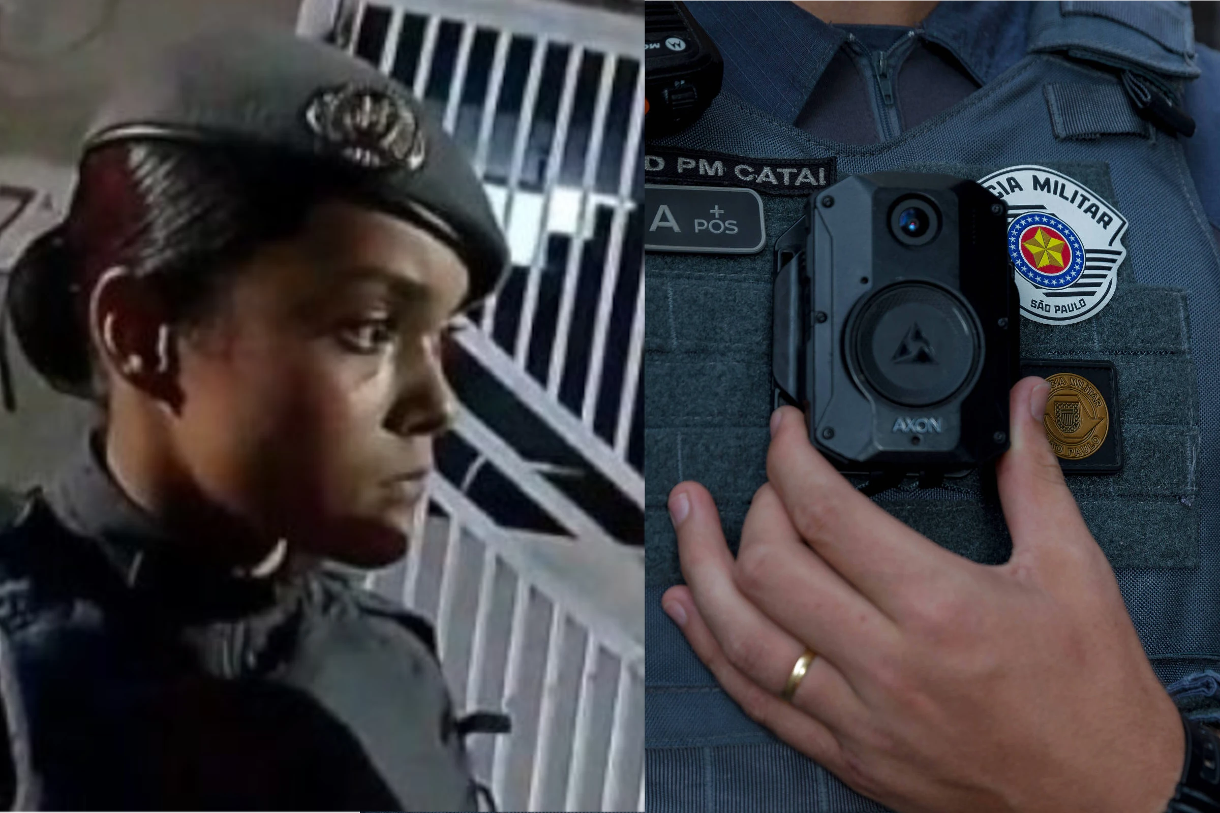 A policial militar Yasmin Ferreira, e uma imagem ilustrativa de um policial com camêra corporal